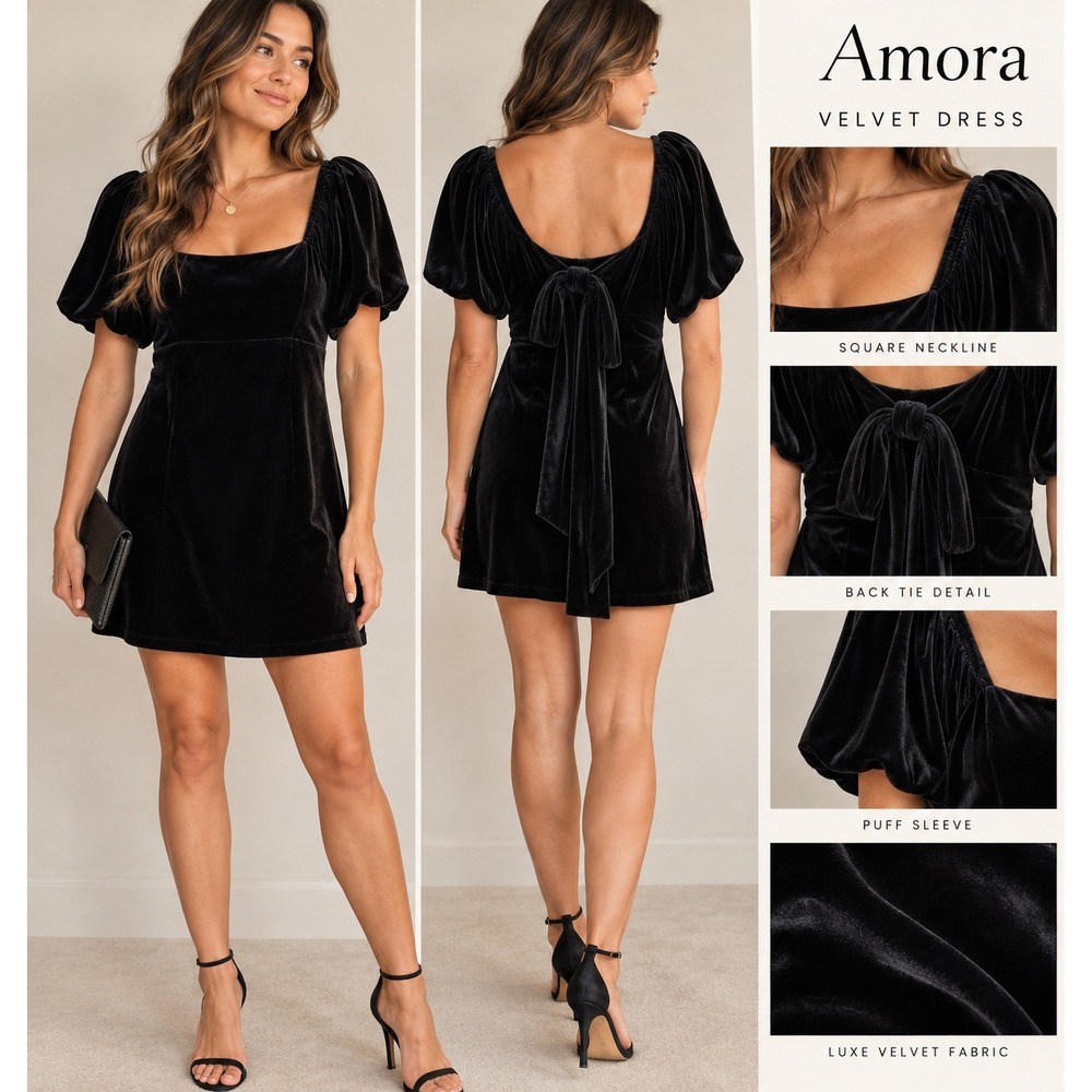 Arula Black Velvet Mini Dress Size B 18/20 2X Puff Sleeve Back Tie Holiday